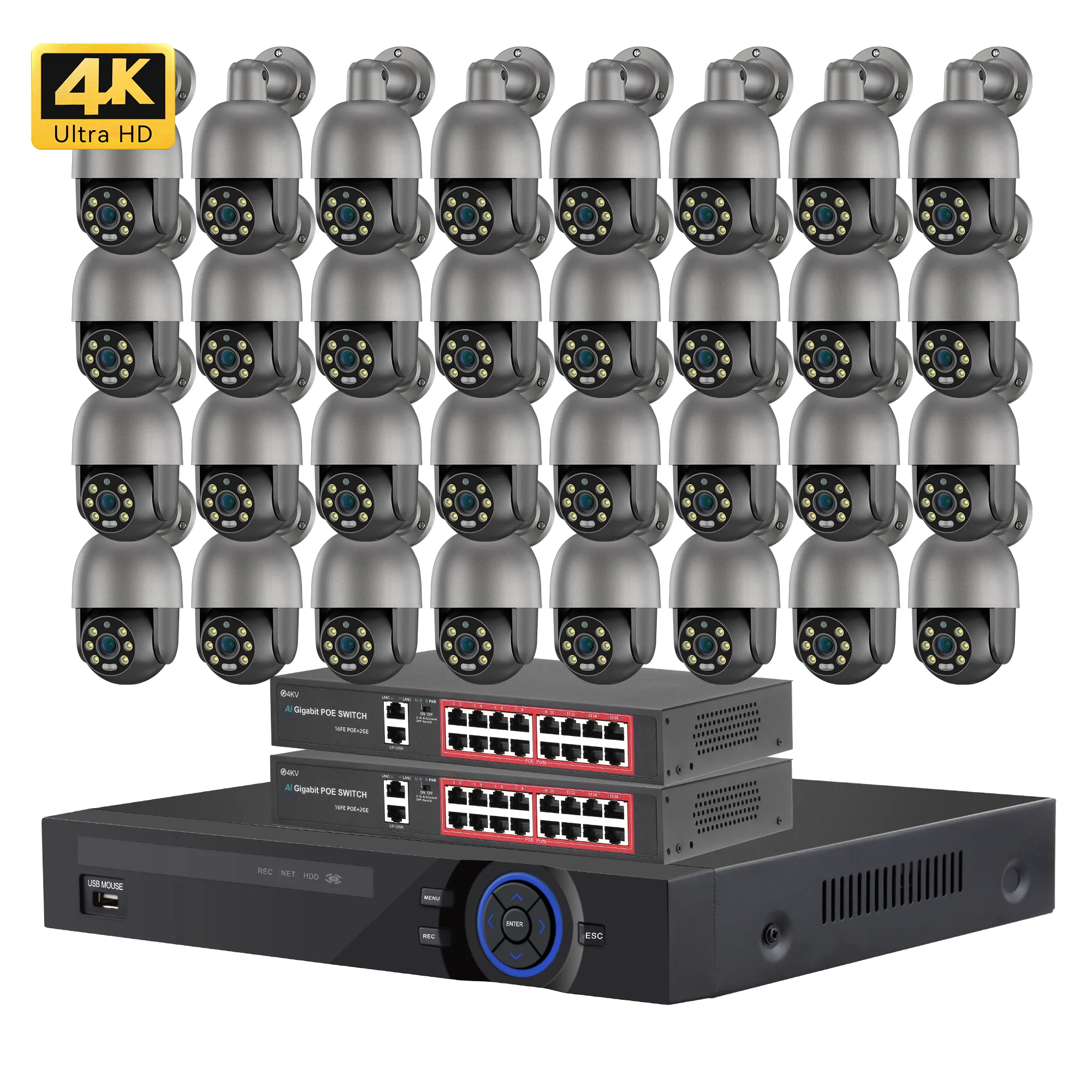 32Channel NVR Camera 4K 8Mp Poe Camera System 32 Pcs PTZ Dome Outdoor Color Night Vision Surveillance Kit