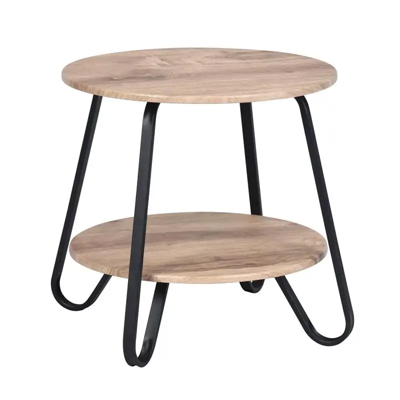 Petite table basse ronde Table d'extrémité 2 niveaux Table de chevet latérale Rangement Industrie Rack Table en bois Accent Furniture OAK & BLACK