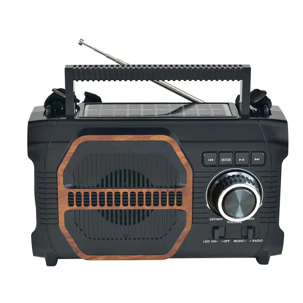 Radio fm con altavoz incorporado para uso en el hogar, fuente de fábrica de HS-2612, con alimentación solar, entrada aux, para acampar al aire libre