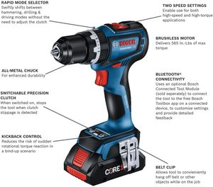 For Bosch GSR18V-800CN 18V Brushless Drill/Driver Variable Speed Cordless Battery Power <strong>Source</strong> 1500W Rated <strong>Input</strong> Power 1/2 In. - Product Image 3