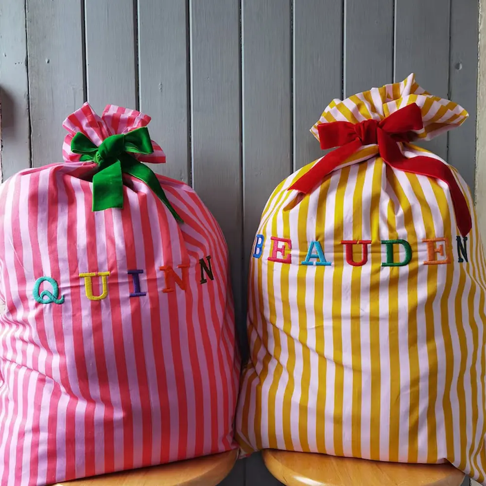 Bolsa de regalo de caramelo con cordón de decoración al por mayor, saco de Navidad de rayas de lujo de lona reutilizable