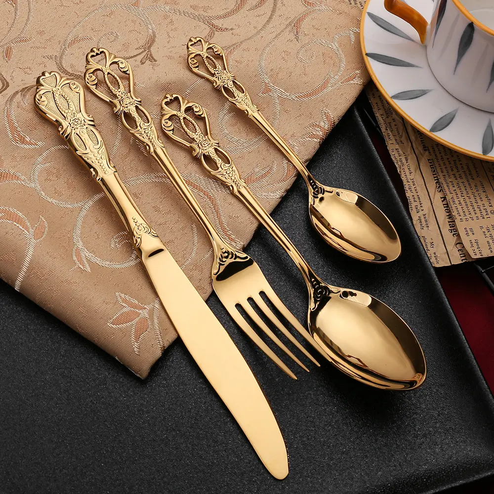 304 Thép Không Gỉ Flatware Steak Dao Và Ngã Ba Hộp Quà Tặng Imperial Court Retro Cứu Trợ Cung Điện Steak Knife Fork Spoon