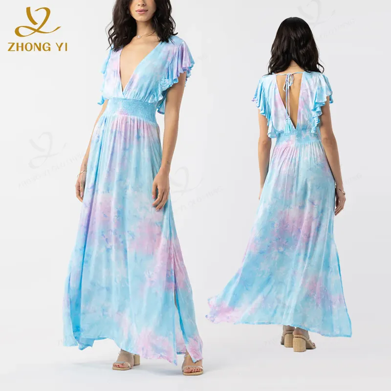 Apparel Design Services Custom Fashion Elegant Beach Long V Neck Ruffle Sleeve Loose Casual Maxi Dress Summer Clothes For Women