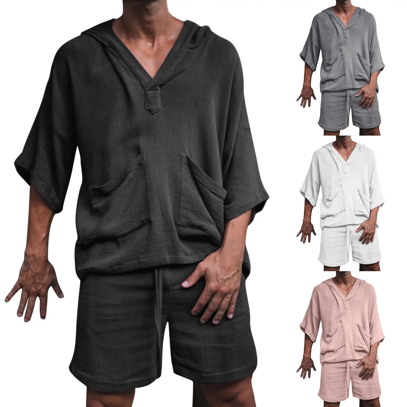 Celana Pendek Musim Panas Pria Set Pakaian Rami Kaus Lengan Pendek Bertudung Linen Katun Kustom dan Celana Pendek Set Pendek Dua Potong