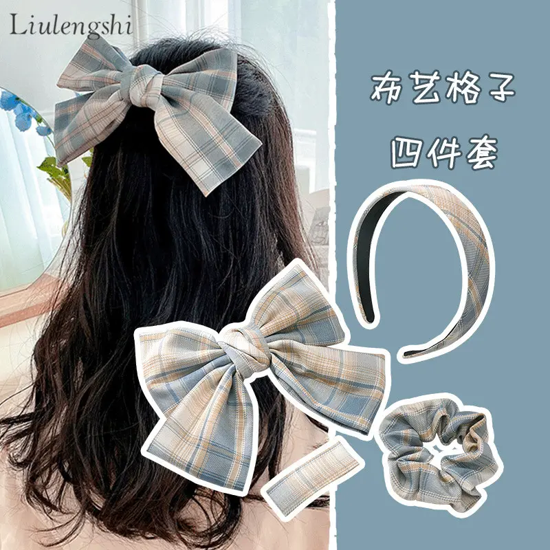 Korean Style Retro Wide Check Headband Hair Band Scrunchy Scrunchies Pin Set Plaid Hair Clip Headband Accessories