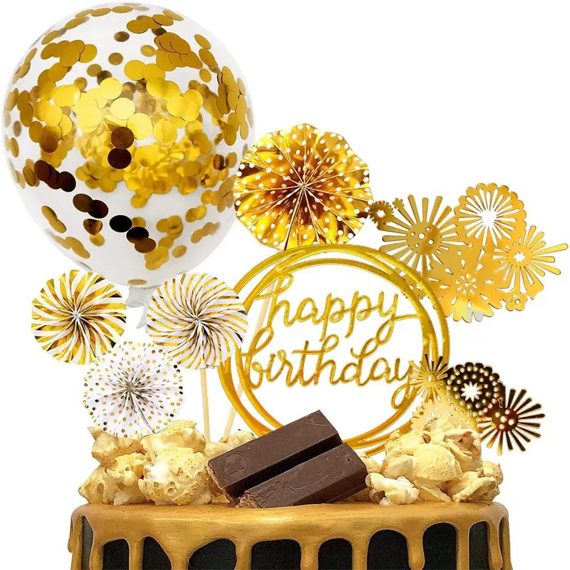 Cá Tính Vàng chúc mừng sinh nhật người hâm mộ giấy biểu ngữ Mini Confetti bóng pháo hoa bên Vàng cupcake bánh Topper trang trí
