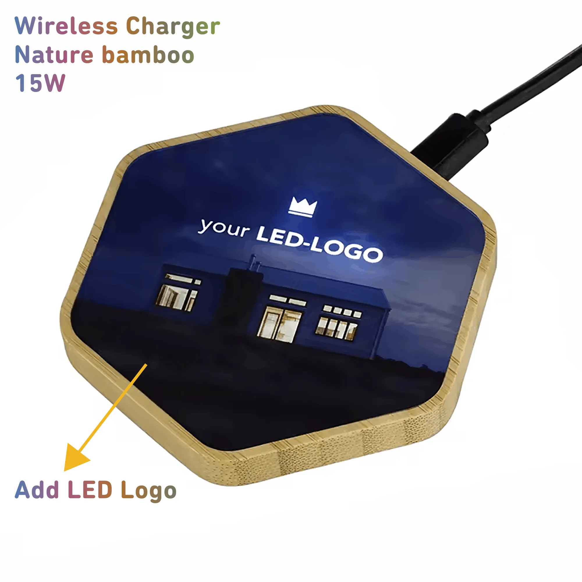 Logo LED personnalisé écologique Lumière LED Charge rapide 15W Chargeur sans fil en bambou Chargeur sans fil pour téléphones portables