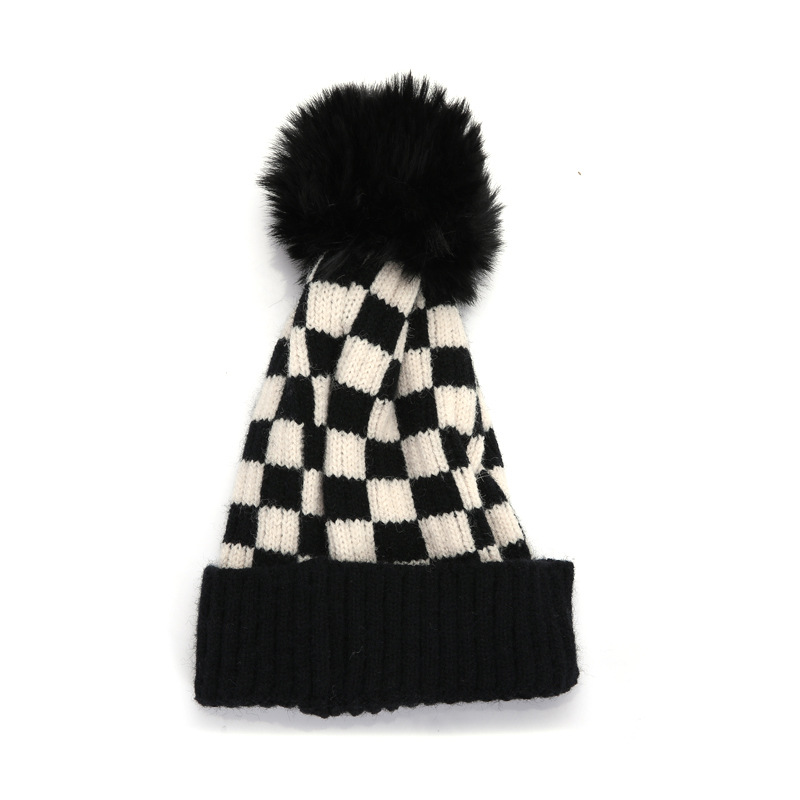 Black Checkerboard Kids Knit Hat Beanies With Pom Pom