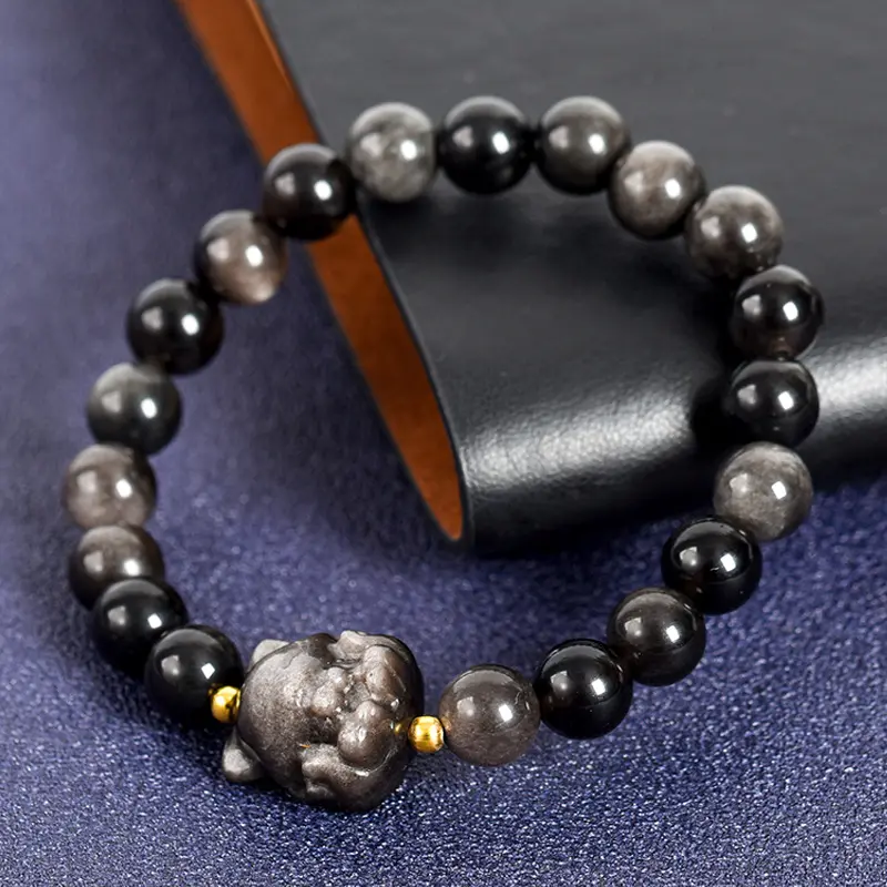 Venta al por mayor global cristales naturales piedras curativas plata brillo obsidiana gatito pulsera piedras preciosas cristal regalos para hombres y mujeres