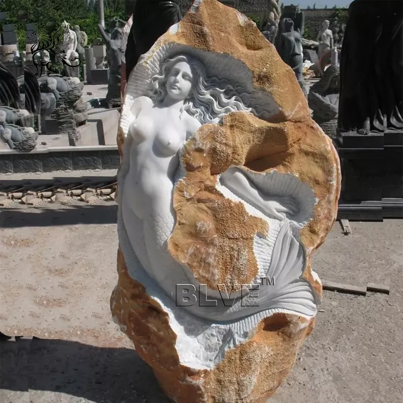 Blve Outdoor Decoraties Met De Hand Gesneden Kunst Natuursteen Reliëf Beelden Levensgrote Marmeren Zeemeermin Sculptuur