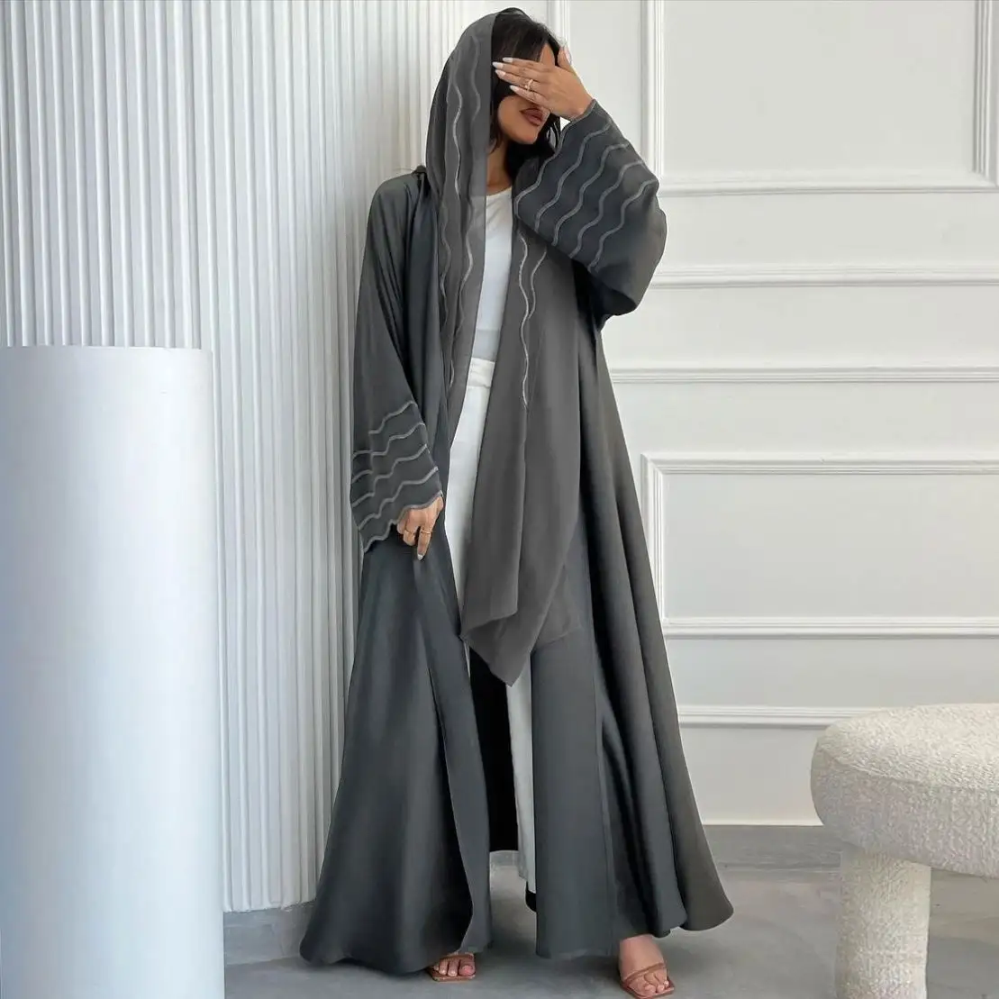 2024 schwarz islamisches Damenkleidung Hochzeit offenes Abayas-Set solide Farbe lange Ärmel schwarz offen Abaya Dubai mit Stickerei-Designs