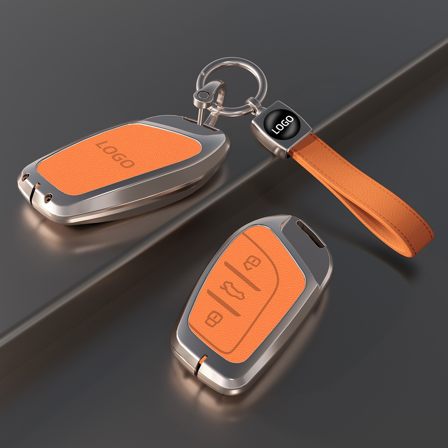 Un étui à clés orange avec corde à main