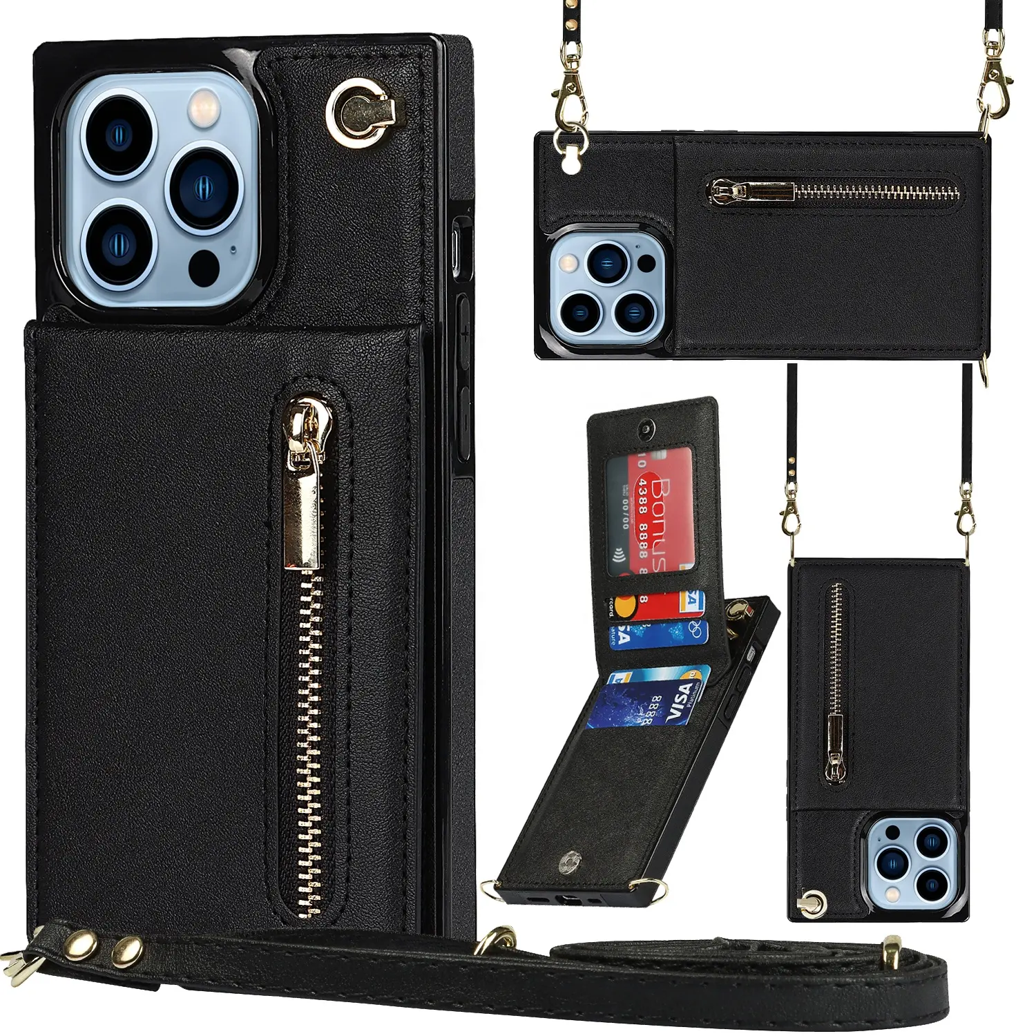 Kantong Dompet Ritsleting Klasik Tahan Guncangan Kulit PU Casing Ponsel dengan Tali Bahu untuk iPhone 13 Pro MAX