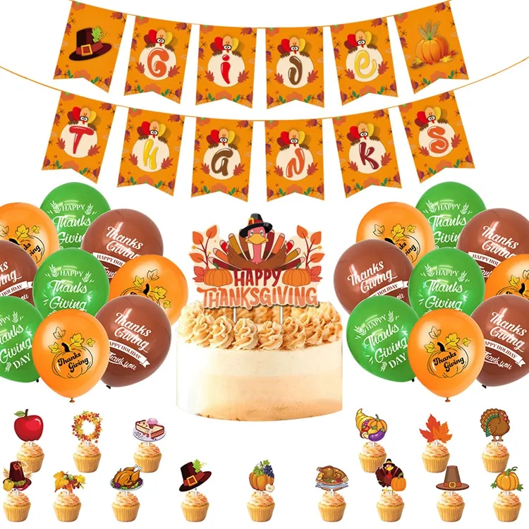 Dekorasi Pesta Hari Thanksgiving termasuk balon lateks Toppers kue spanduk Thanksgiving Turki untuk dekorasi Thanksgiving A3201