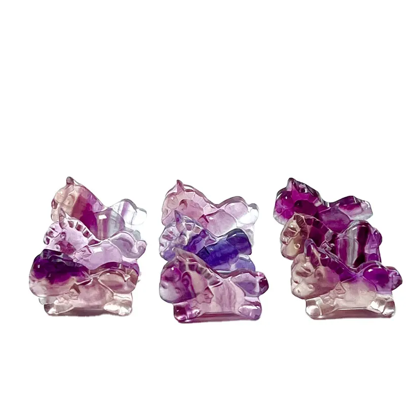 Piccole statuette di cristallo artigianato popolare guarigione arcobaleno Fluorite unicorno per souvenir di nozze