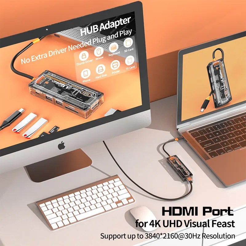 محور منفذ يو إس بي-سي 6 في 1 من النوع-C إلى USB3.0 USB2.0 HD-MI USB-C PD3.0 Data2.0 محور SD TF محطة توصيل لجهاز ماك بوك