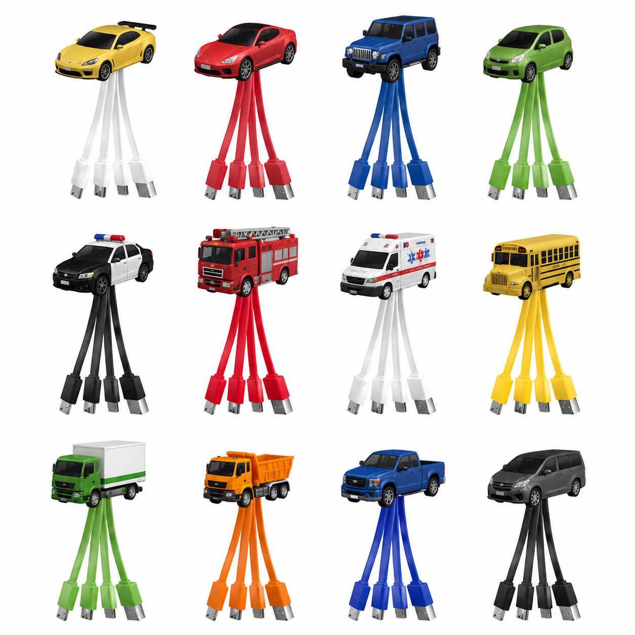 Cable de carga USB con forma personalizada de coche rojo