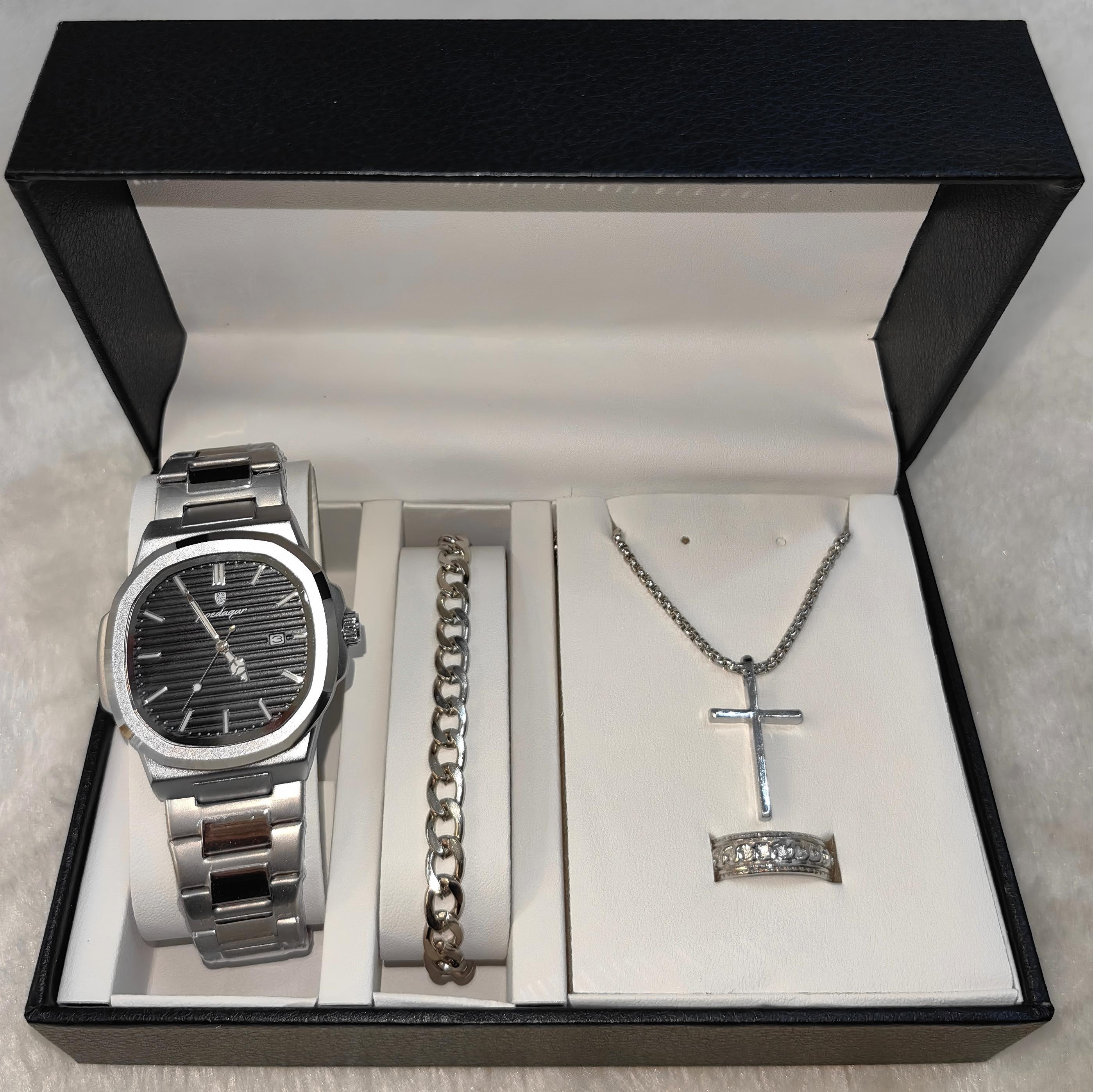 Silver black watch + silver accessories + box