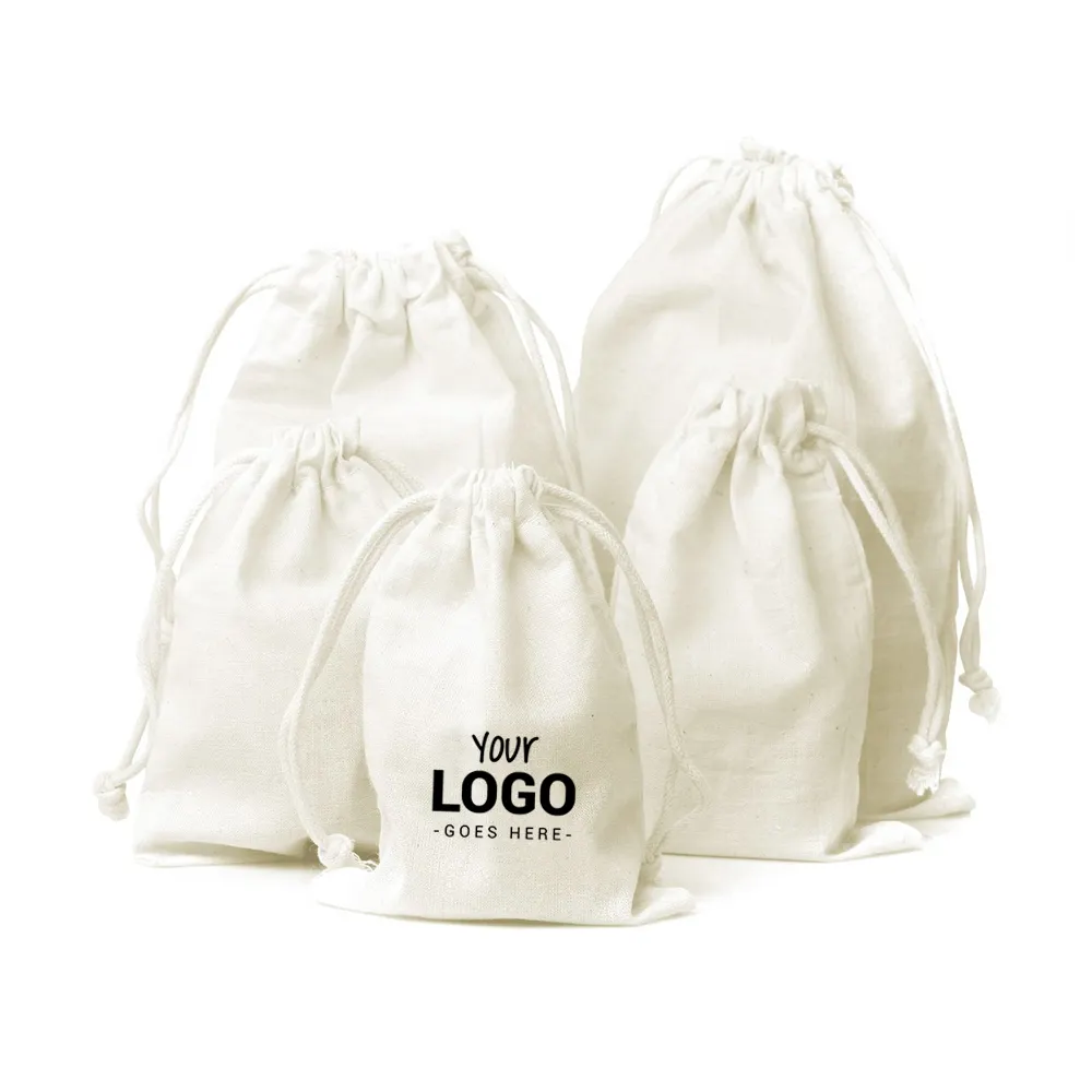 Promozione personalizzata riciclare ECO regalo di tessuto di tela di cotone mussola coulisse sacchetto con logo personalizzato stampato borsa di tela coulisse