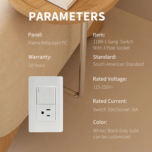 Güney amerika standart 3 delik abd tipi soket ile 1 Gang 1 yollu duvar ışık anahtarı 16A/10A alev geciktirici PC paneli - Product Image 6