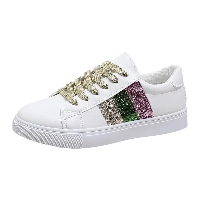 Alta calidad moda clásica microfibra lentejuelas blanco monopatín vulcanizado zapatos casuales zapatillas de deporte de las mujeres