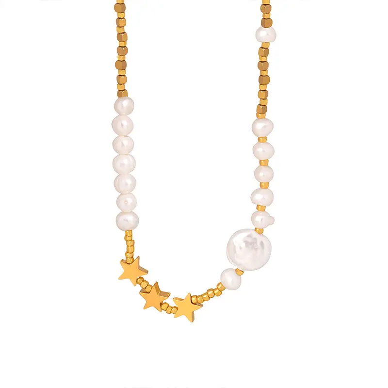 Gioielli di moda minimalisti collana di perline di perle d'acqua dolce naturale collana di pentagramma in acciaio inossidabile placcato oro 18 carati per le donne