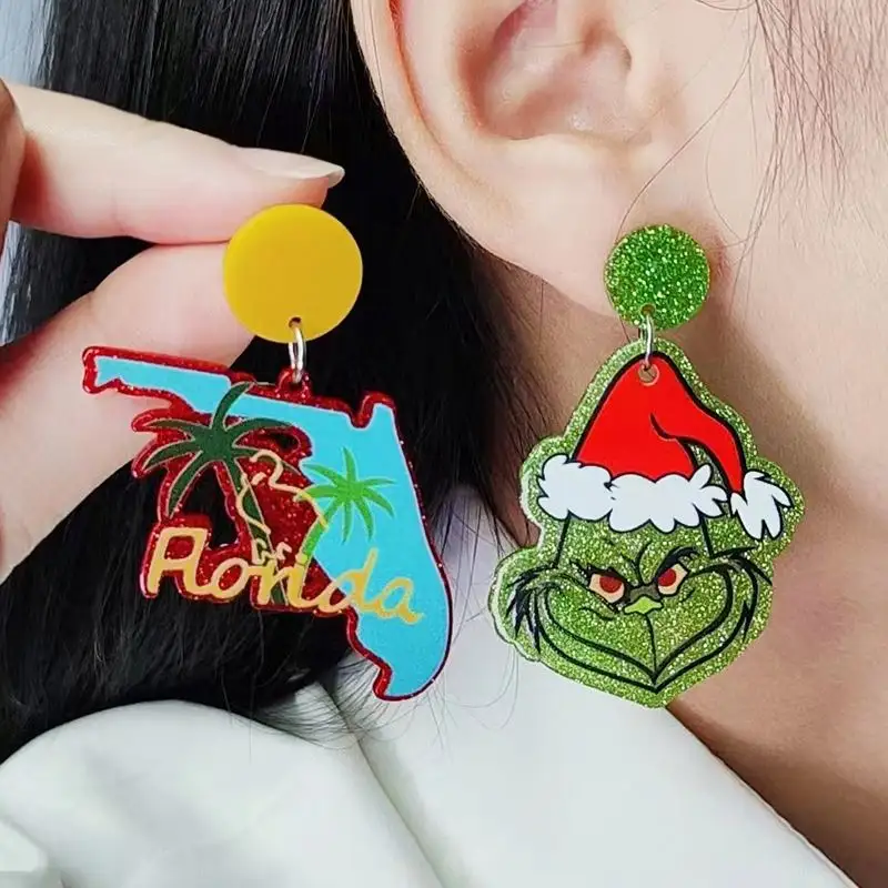 Christmas earrings Geometric pistol coconut tree Christmas hat Green fur leopard rainbow earrings European and American personal