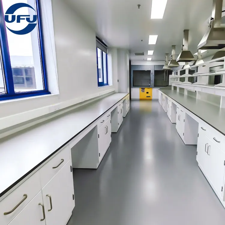 UFU-muebles de laboratorio, banco de trabajo lateral de acero químico con certificado SEFA, banco de trabajo de pared con gabinete de Base