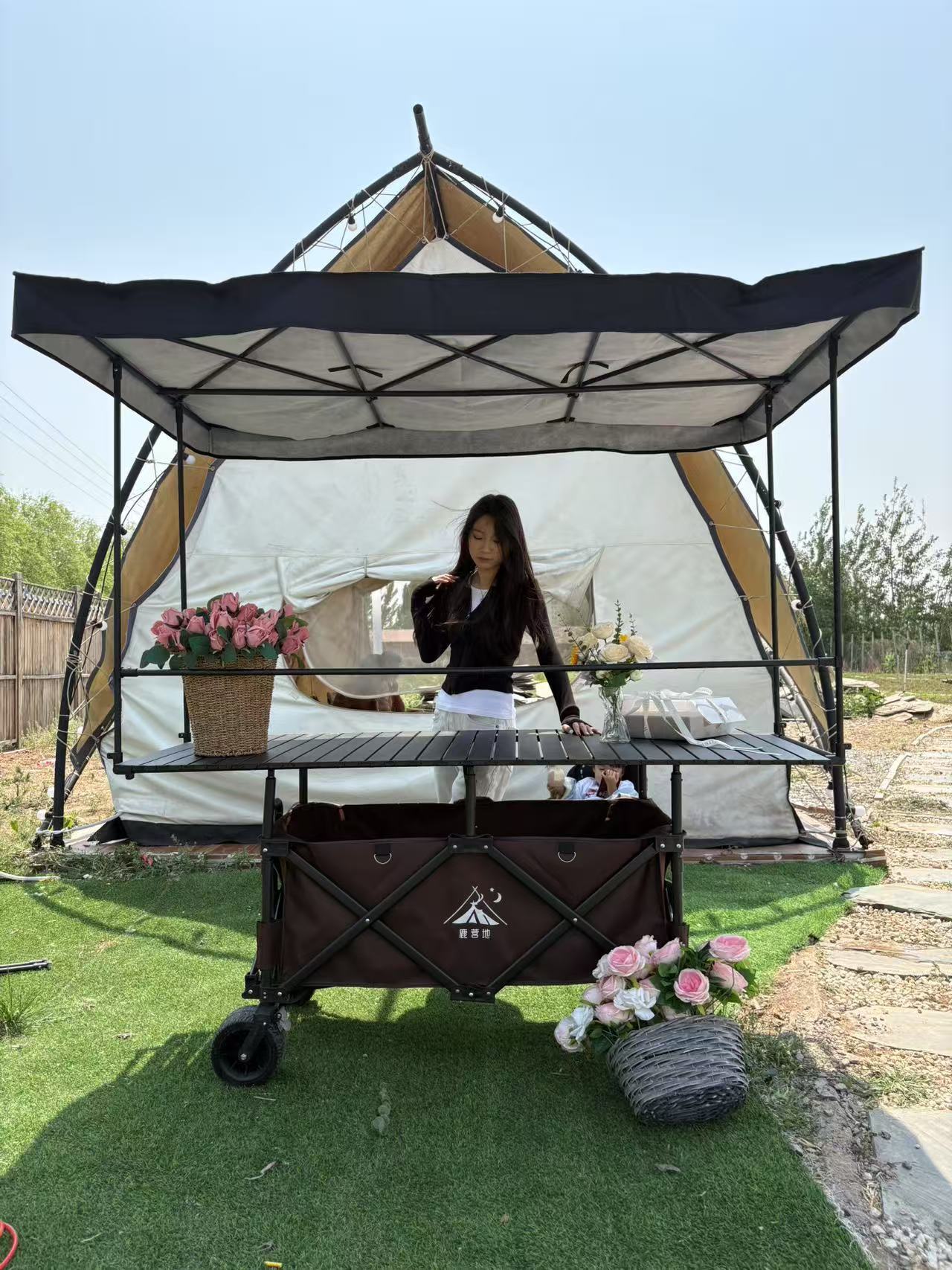 Carrito de vendedor ambulante negro - Mesa de exhibición negra de 150 cm - Invernadero