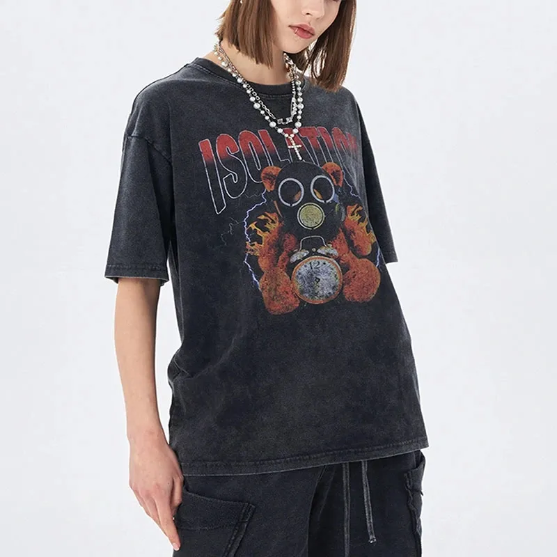 Custom design Wholesale clothing Acid wash T-shirt oversize T-shirt Black vintage women casual crew-neck t-shirt