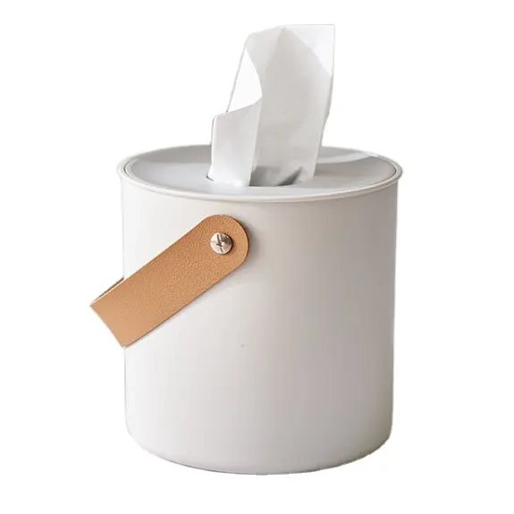 Caja de pañuelos portátil personalizada de plástico para restaurante, decoración de escritorio, servilleta cuadrada redonda, rollo de almacenamiento, caja de bombeo de papel con mano de cuero