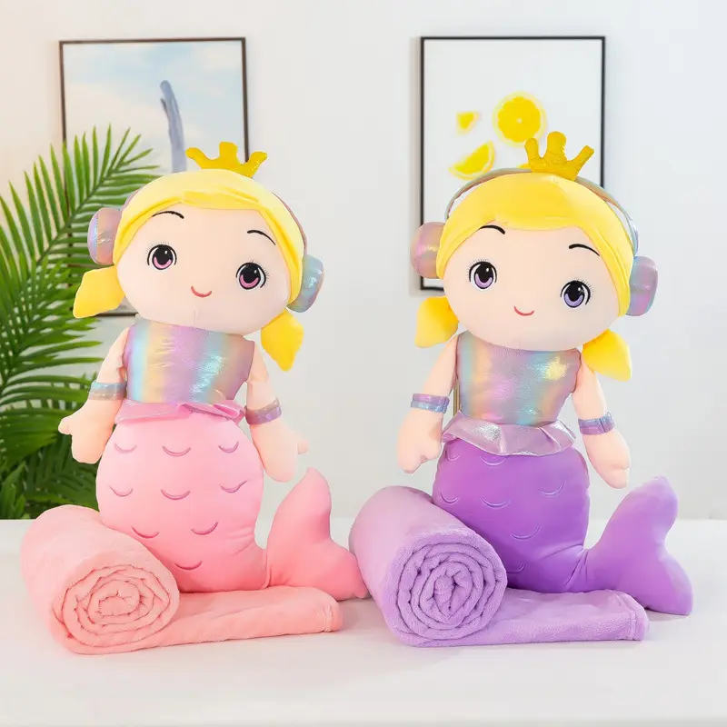 Simpatico cartone animato sirena animale aria condizionata coperta peluche bambola per bambini cuscino cuscino coperte di flanella set