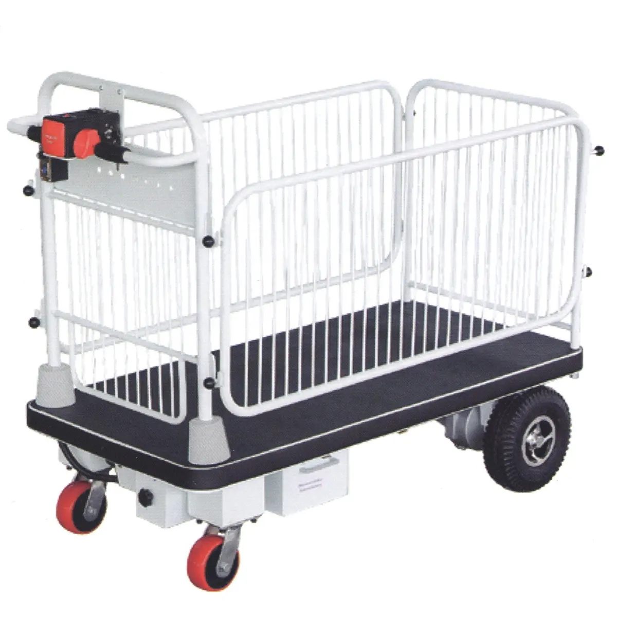 Electric Trolley Cart with Guardrail Electric Platform Trolley With Fence and 4 wheels for materials handling