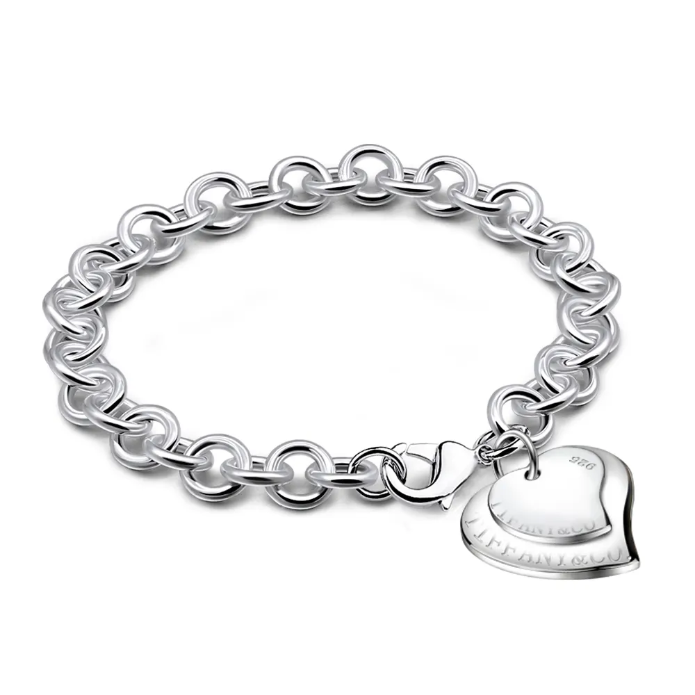 Hombres y mujeres General europeo Estados Unidos doble corazón pulsera galvanoplastia 925 Plata accesorios de moda simples al por mayor