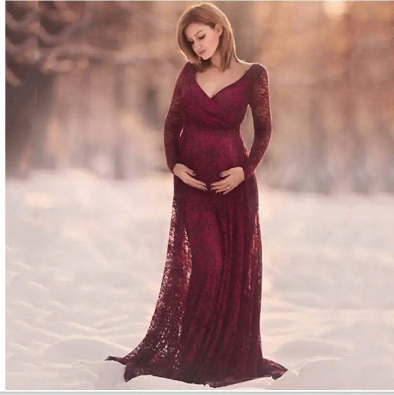 Europe and America pregnant women sexy front deep V-neck long sleeve lace dress casual sexy evening dress