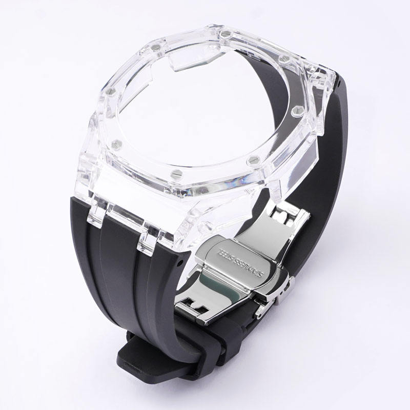 Bracelet noir + Boîtier transparent + Boucle papillon argentée