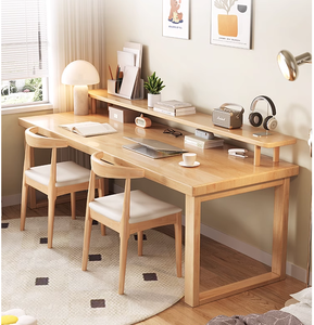 Pure Solid Wood Double <strong>Desk</strong> with Bookshelf <strong>Simple</strong> <strong>Computer</strong> <strong>Desk</strong> Against the Wall Workbench - Product Image 3