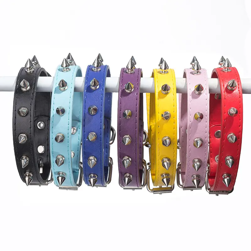 luxury bullet shape spiked studded adjustable shockproof genuine leather anti-bite pet collar neck band for small animal dog cat