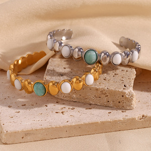 Titanium Steel With 18K Gold Plated Oval Azurite <strong>White</strong> <strong>Jade</strong> Opening Jewelry 18K Gold Plated Stainless Steel Bracelets - Product Image 6