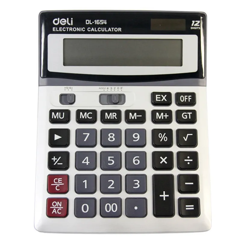 Deli 1654 12 Cijfers Groot Display Dual Power Calculator Auto Uit Metalen Paneel Zonne-Energie En Aa Batterij Retail Verpakking