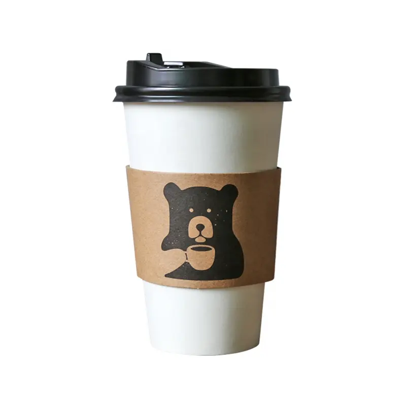 Copo de papel para café e bebidas quentes revestido de PLA de parede única com tampa e manga com logotipo personalizado ecológico de 7 onças e 8 onças