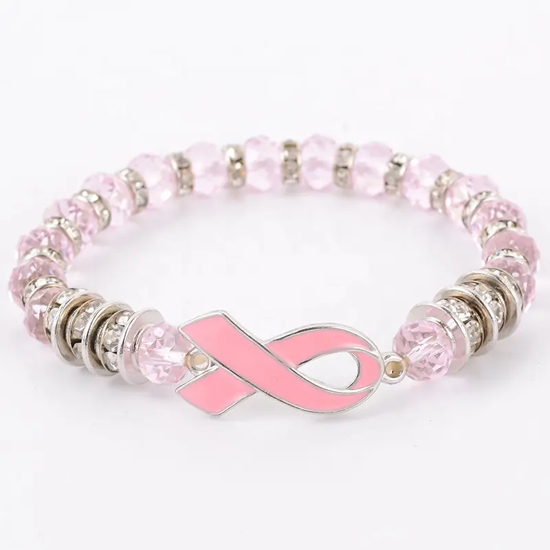 Ladies handmade glass beads bracelets pink ribbon charms breast cancer awareness bracelets