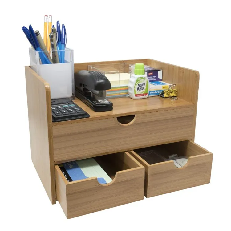 Organiseur en bambou sur 3 niveaux, mini étagère de rangement de bureau avec tiroirs