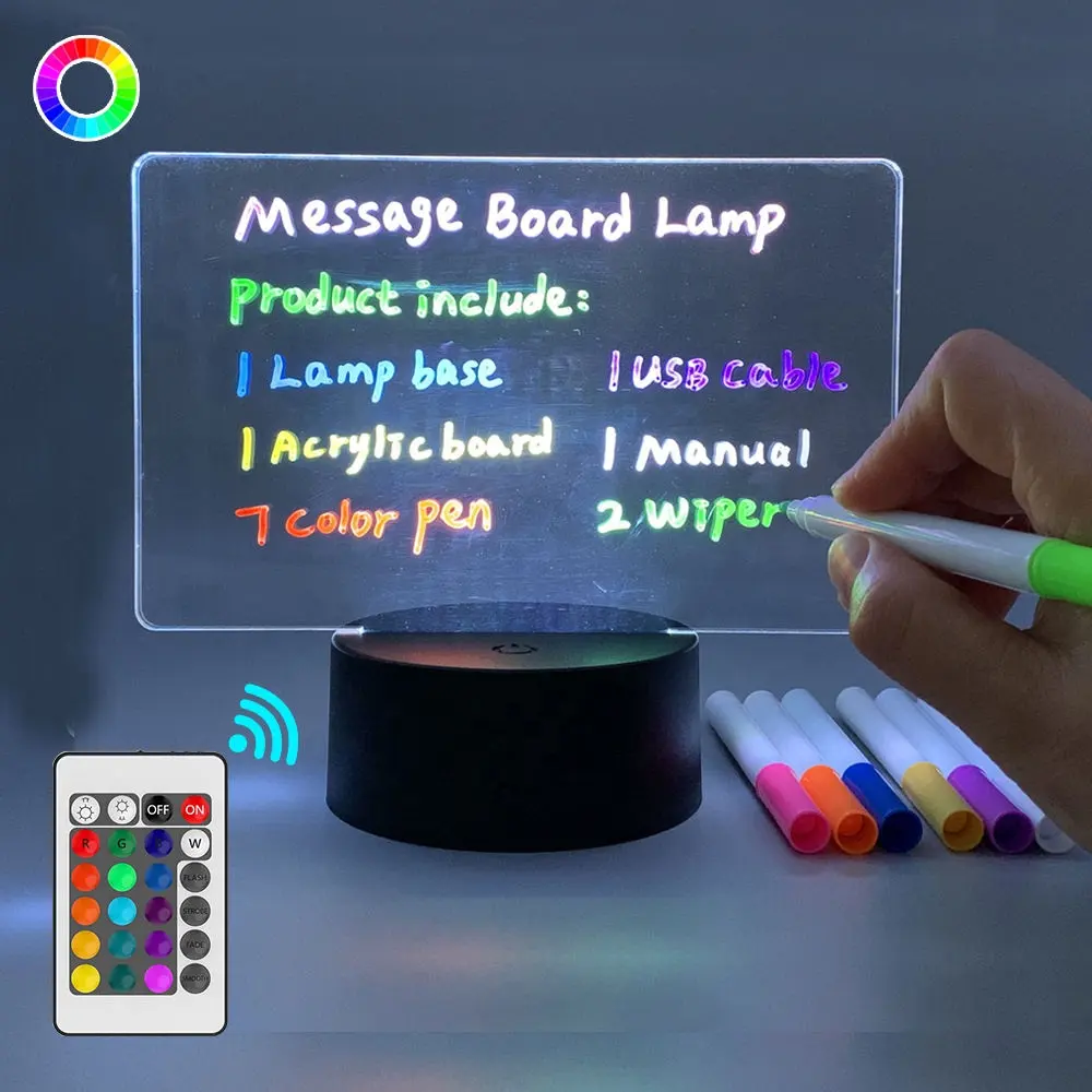 Lámpara de tablero de mensajes con marcadores borrables de 7 colores, tablero de luz regrabable para escritorio, dormitorio de niños, luz de noche Led para dormir, decoración de habitación