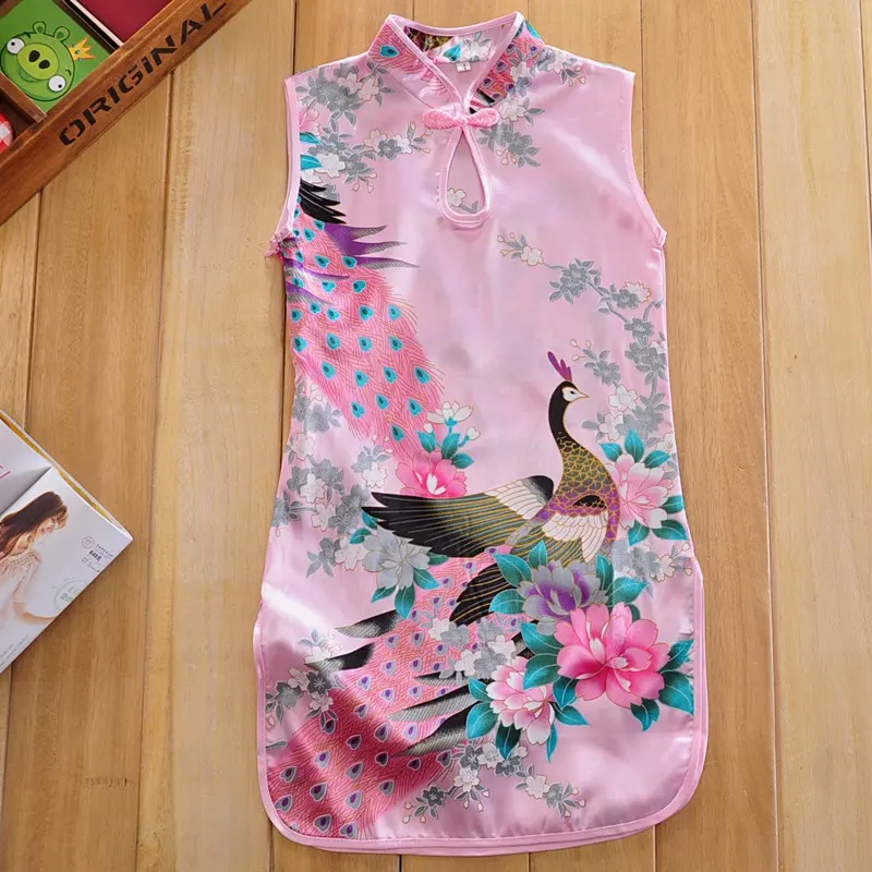 Chinese Qipao Voor Meisjes Kids Zijden Mouwloze Party Jurk Met Pauw Patroon Prinses Zomer Prom Cheongsam Jurk Voor Kinderen