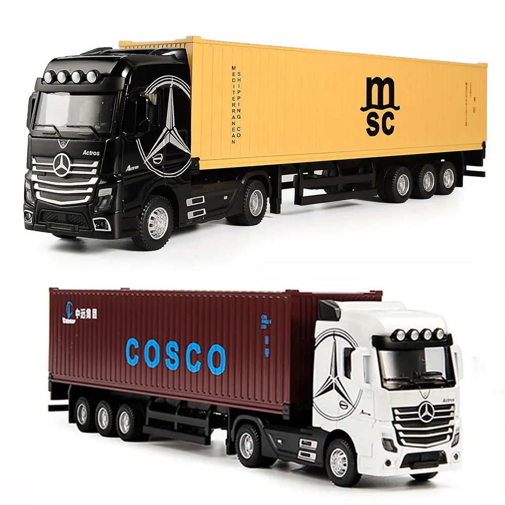Diecast mainan mobil truk logam paduan, Model mobil mainan truk kontainer transportasi teknik dapat dilepas dengan lampu tarik mundur untuk anak laki-laki