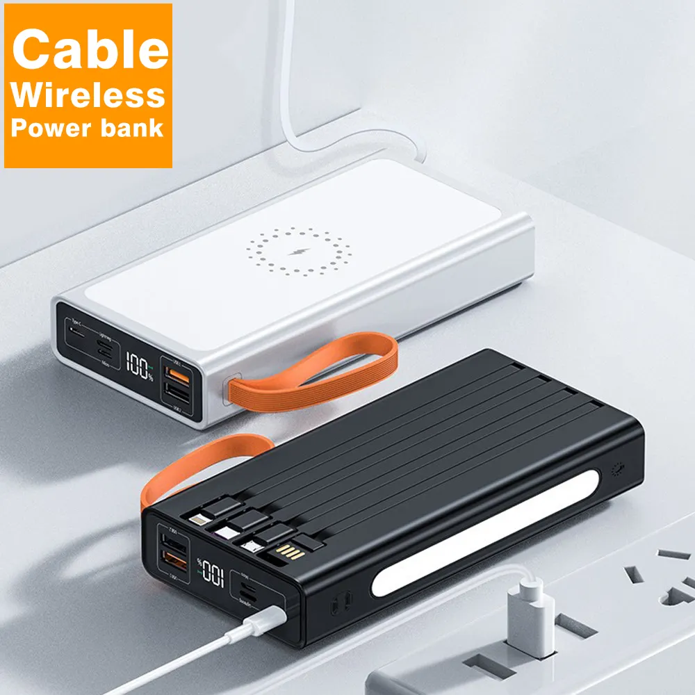 Cargador inalámbrico de 60000 mah, batería externa integrada de 4 Cables, Powerbank de 50000 ma, luz led para exteriores