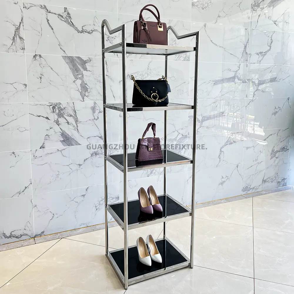 Présentoir pour chaussures et sacs à main, présentoir en métal argenté brillant à 4 niveaux pour magasin de chaussures