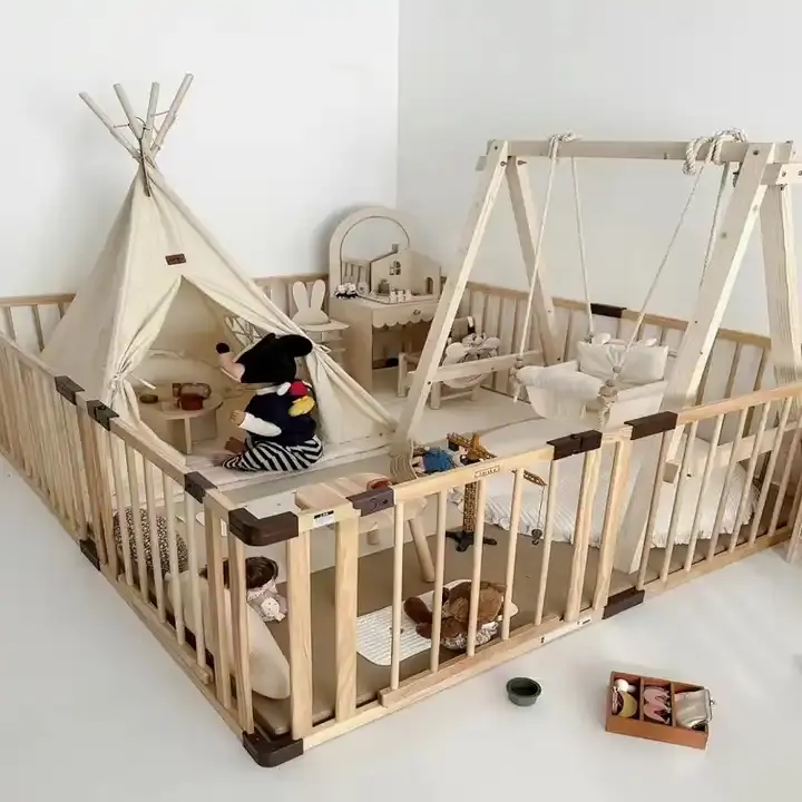 Valla de juego para niños de madera maciza, corralito de madera multifuncional plegable al por mayor