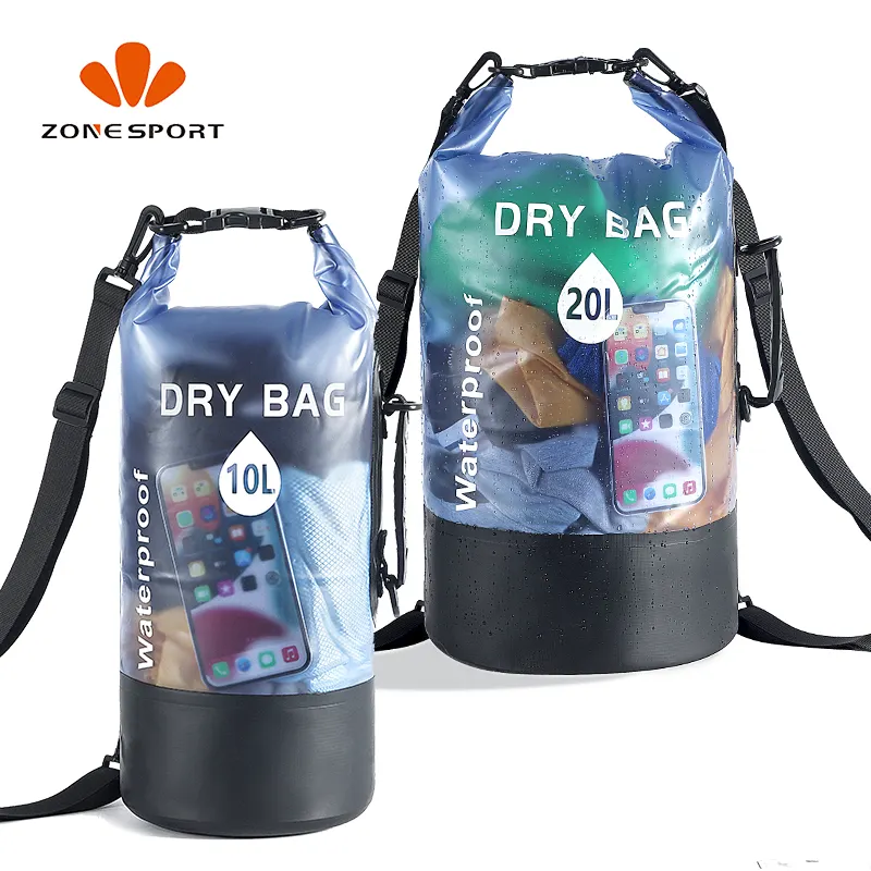 Mochila seca transparente con logotipo personalizado al por mayor, mochila seca impermeable flotante de PVC para senderismo